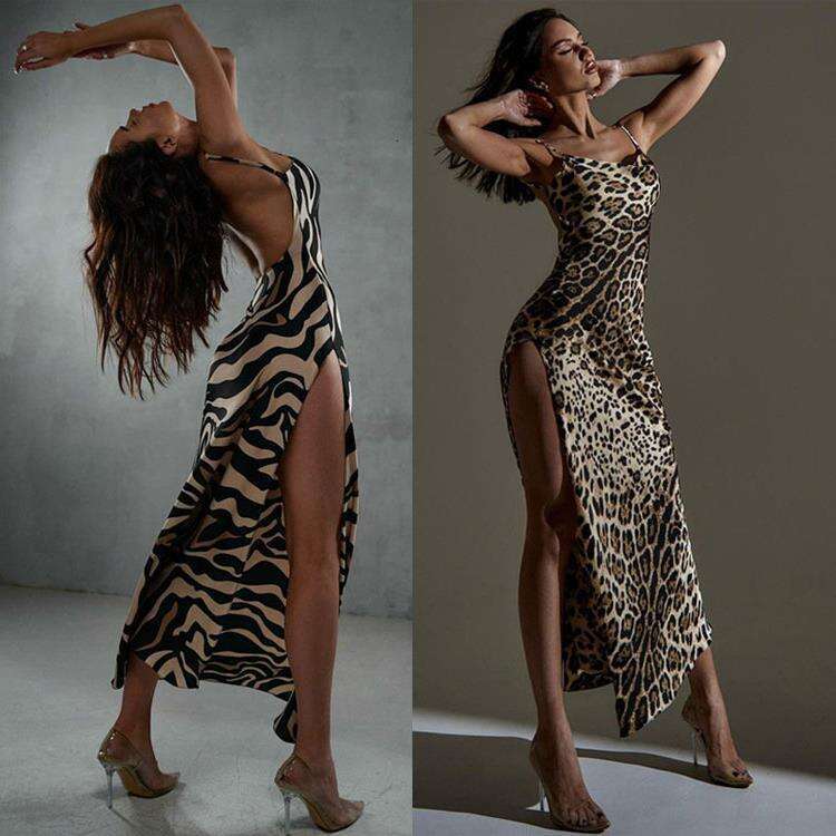 Maxi Dress Trendy Women S Summer Fashion Printed Slim Fit Slit Backless Camisole Dress KQ