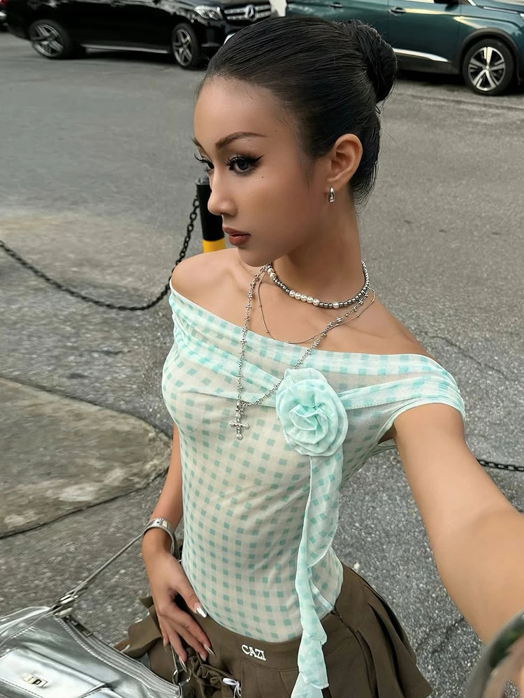 Weird Puss Plaid Print Applique Tops Women Mesh See Through Off Shoulder Backless Tassel Girls Street Fashion Trend T-Shirts 250517