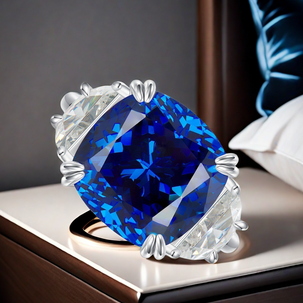 S925 sterling silver 13*13 artificial high-carbon diamond dreamy royal blue beautiful ring, European and American personalized fashion high-end royal 