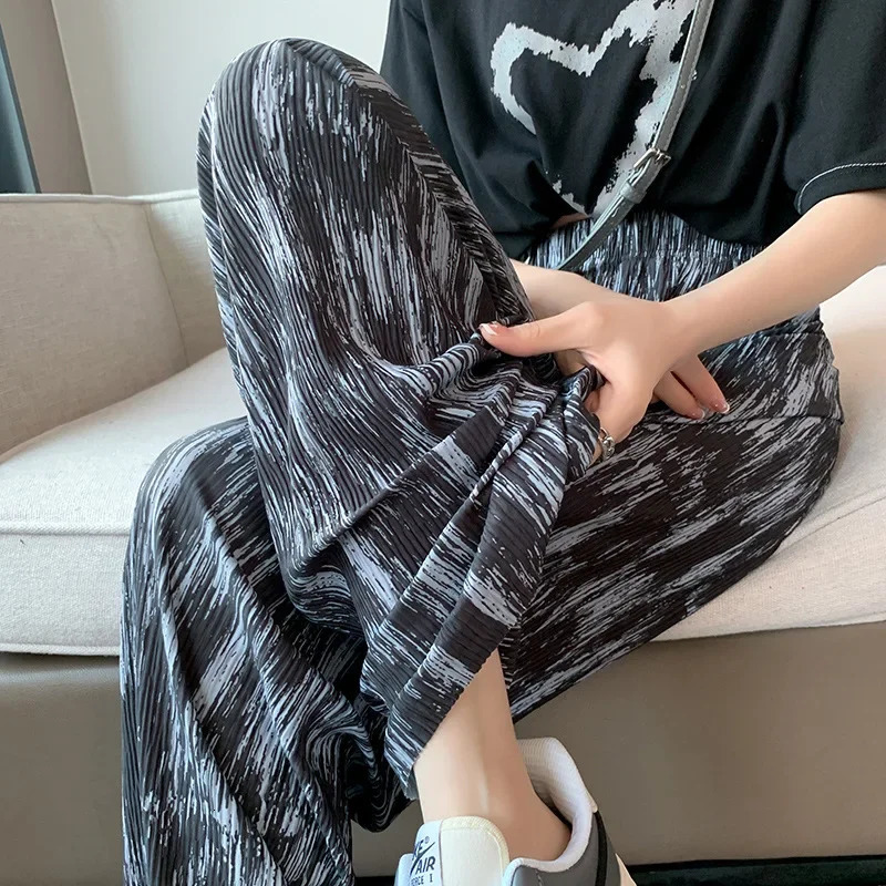 Ice Silk Wide Leg Pants for Women High Waist Summer Straight Pant Full-length Cool Leopard Print Loose Casual Womens Long Pants 250517