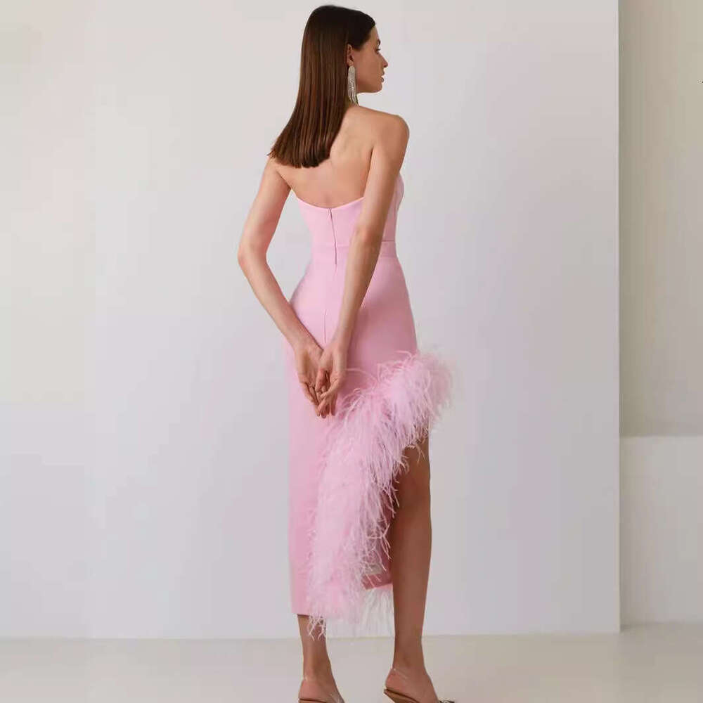 Maxi Dress New Pink Bandage Dress Fashionable Strapless And Leg Exposed Feather Party Dress Formai Dress