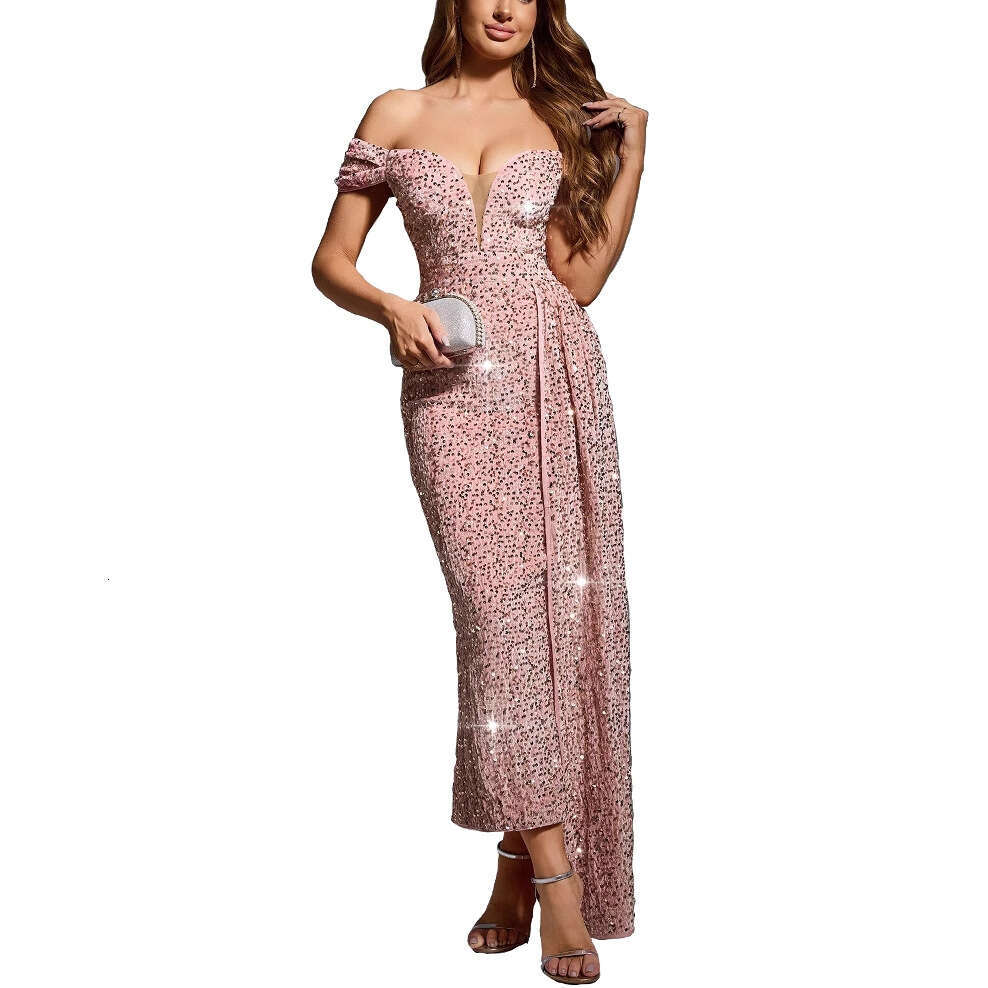 Maxi Dress OS New Women S Style Sexy Sequin One Shoulder Solid Color Sleeveless Dress Formai Dress