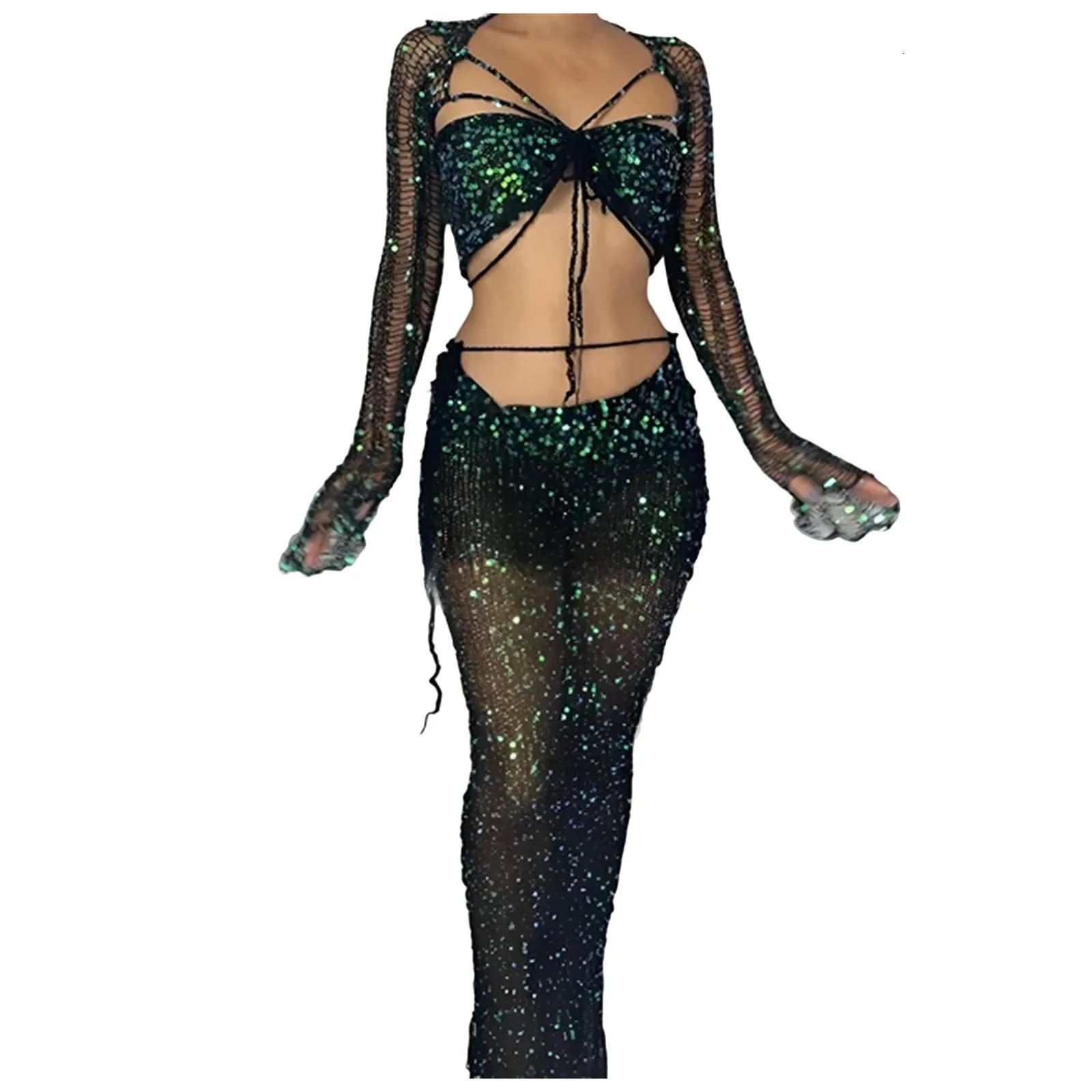 Sexy Sequins Knitted Skirt Sets Women Clothes Hollow Out Long Sleeve Crop Top And Skirt Two Piece Set Beach Vacation Outfits 250516