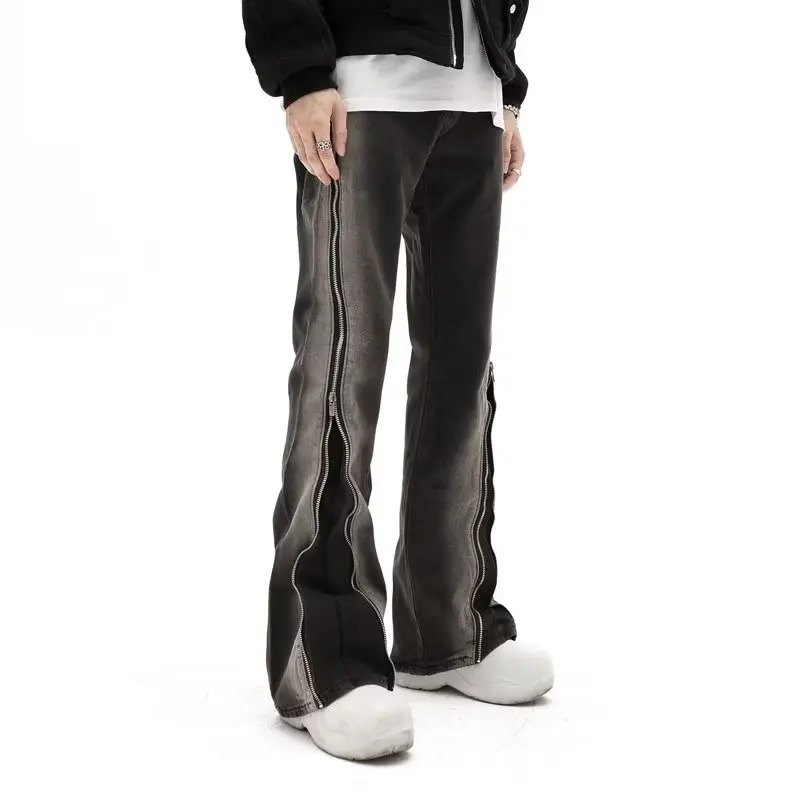 Y2K Streetwear Baggy Flare Men Jeans Pants Split Zipper Straight Vintage Washed Black Hip Hop Denim Trousers Pantalon Homme 250517
