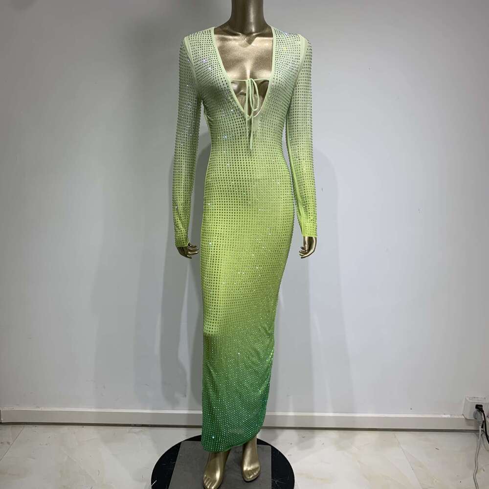 Maxi Dress New Hot Diamond Gradient Green Dress Fashionable Long Sleeved Deep V Party Dress KQ