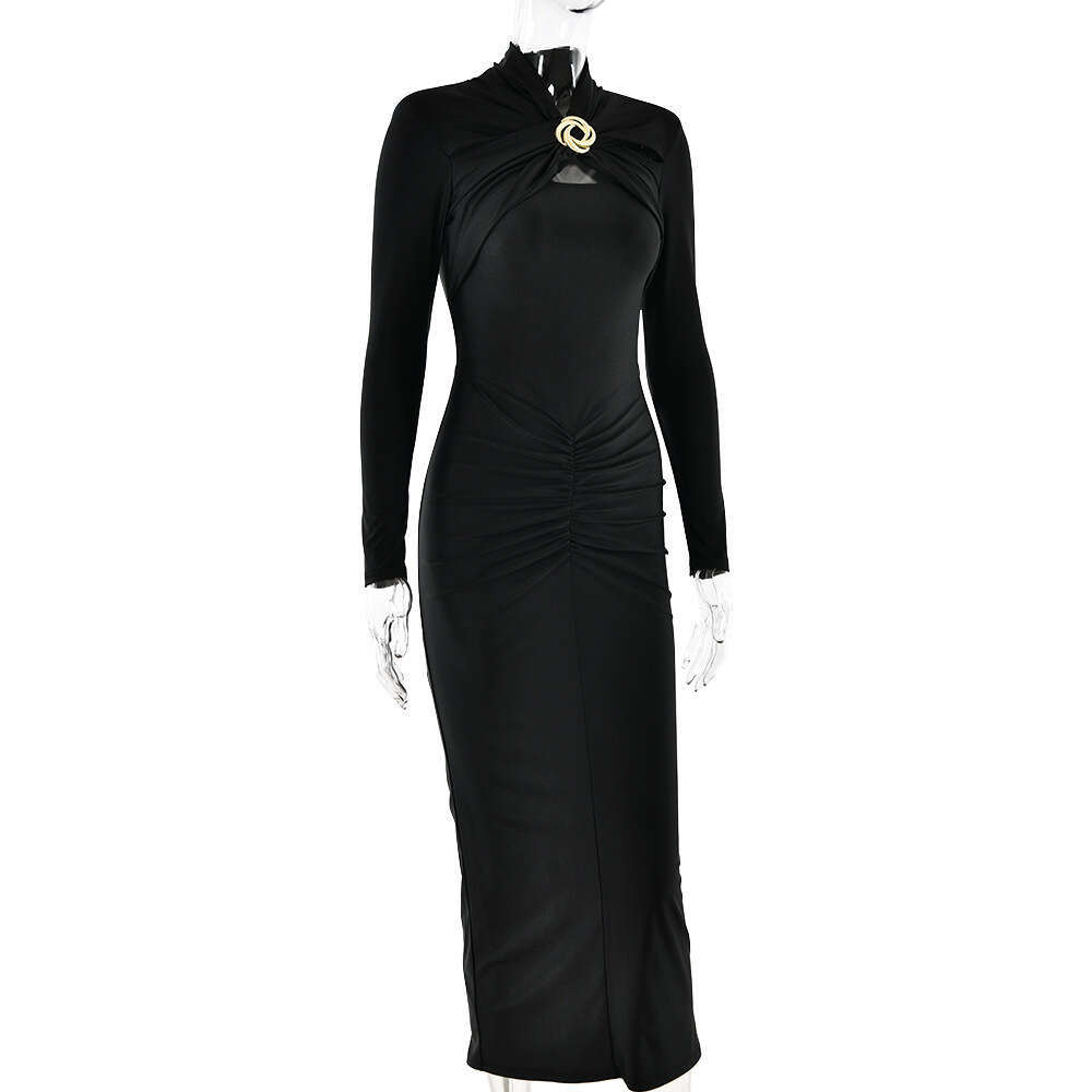 Maxi Dress New Women S Skirt Sexy Slim Fit Pleated Hollow Long Sleeved Dress Formai Dress