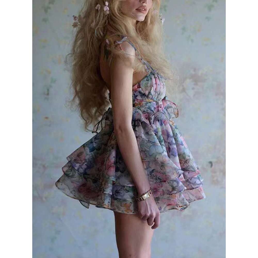 Hit Color Printing Patchwork Lace Up Dresses For Women Square Collar Sleeveless Backless High Waist Mini Dress Female New