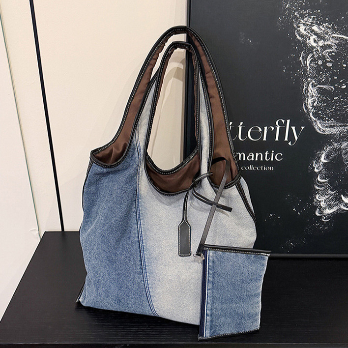Free Shipping Designer Women's Shoulder Bag Harajuku Comparison Splicing Fashionable Denim Handbag Large Capacity Casual Shopping Bag Vacation Be
