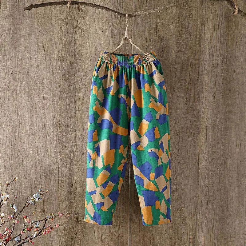 Summer retro printed chiffon casual pants for women loose fit and slimming Versatile Artistic straight leg Harlem 250506