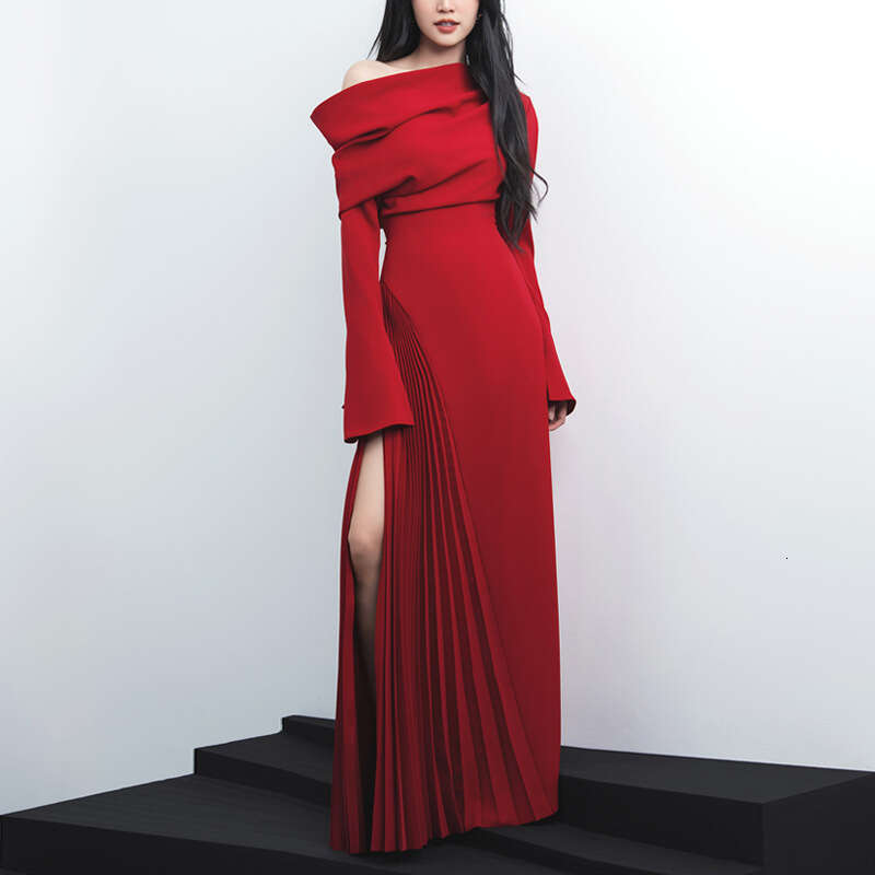 Maxi Dress Red Mature Sloping Neck Women S Autumn New Style Stacked Trumpet Sleeves Pleated Slit Dress Formai Dress