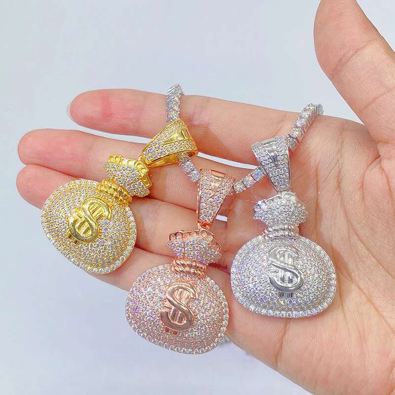 Hip Hop Dollar Money Bag Unisex Full Moissanite Dia Pendants Original Sterling Sier Jewelry Match Necklace