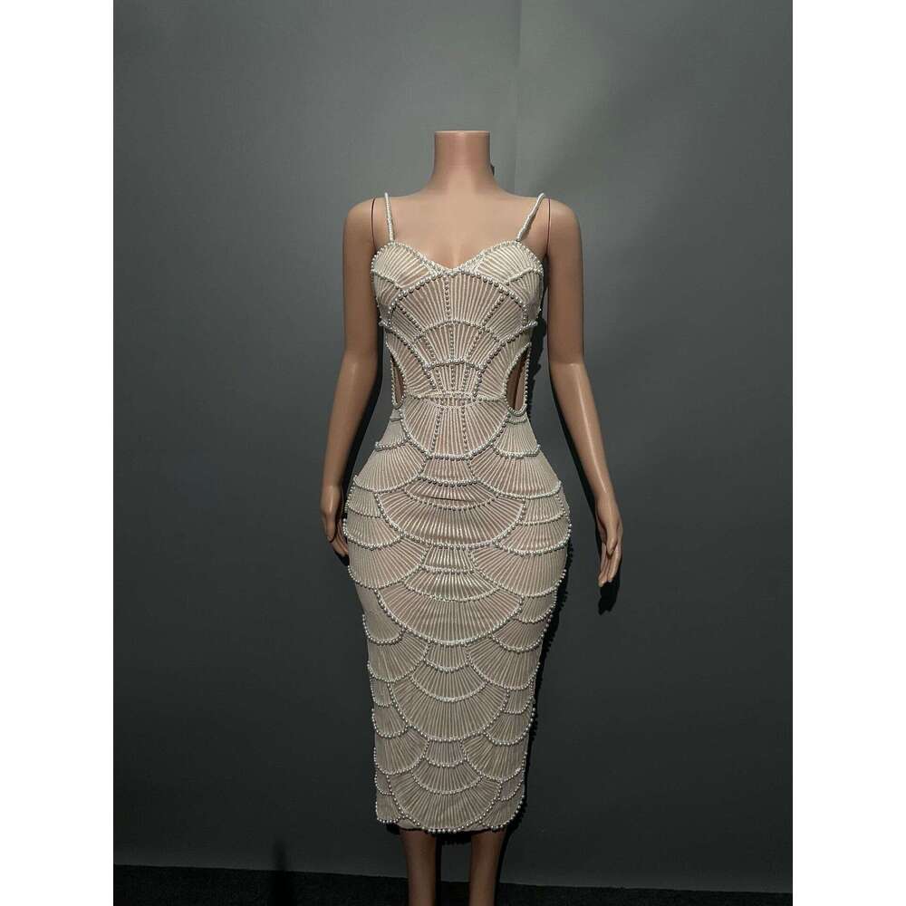 Maxi Dress Exquisite Sequin Nail Bead Waist Hollow Suspender Dress Socialite Birthday Party Dinner Dress KQ