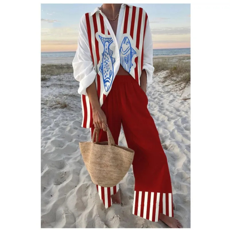 Vacation Style Cruise Print Two-Piece Cruise Outfit Seaside Tropical Print Lapel Shirt Wide-Leg Pants Suits For Women 250517