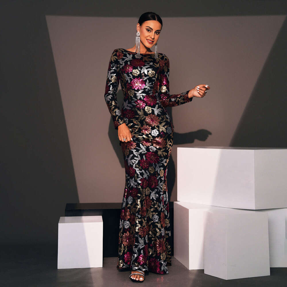 Maxi Dress Evening Gown Sleeved Temperament Round Neck Sexy Slim Fit Long Sequin Banquet Bridesmaid Dress For Women Long Dress