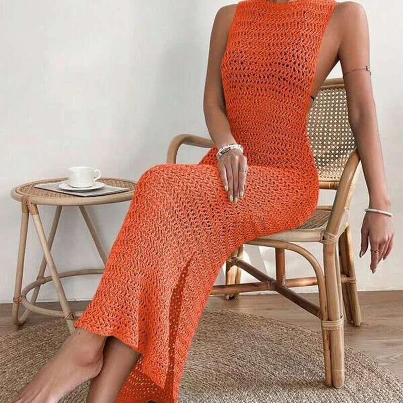 Maxi Dress Seaside Beach Hollow Knitted Long Skirt Strap Bareback Sexy Dress Formai Dress