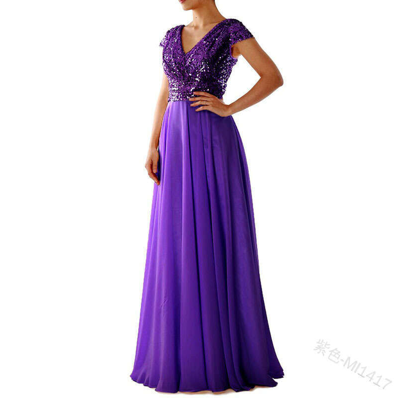 Maxi Dress Summer New V Neck Sparkling Chiffon Splicing Evening Long Dress KQ