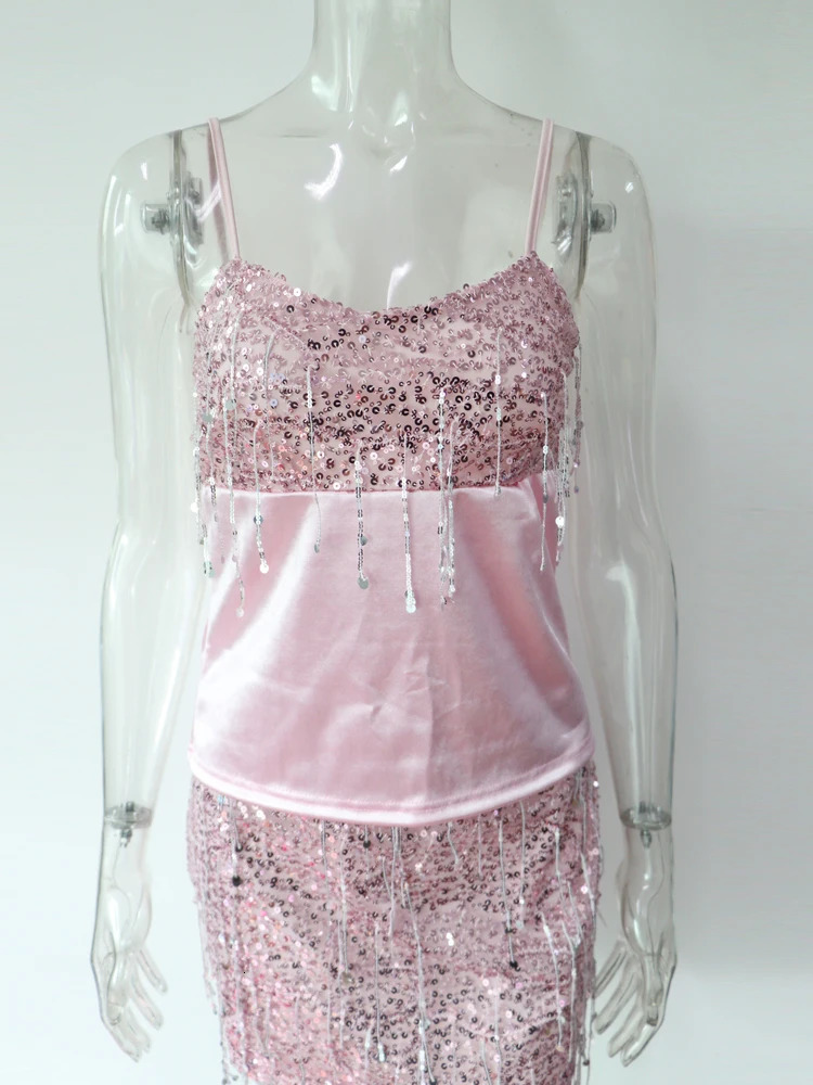 Beyprern Cute Girls Glitter Sequins Fringed Skirt Set 2 Piece Outfits Womens Pink Stain Sequins Two-Piece Dress Night Clubwear 250516