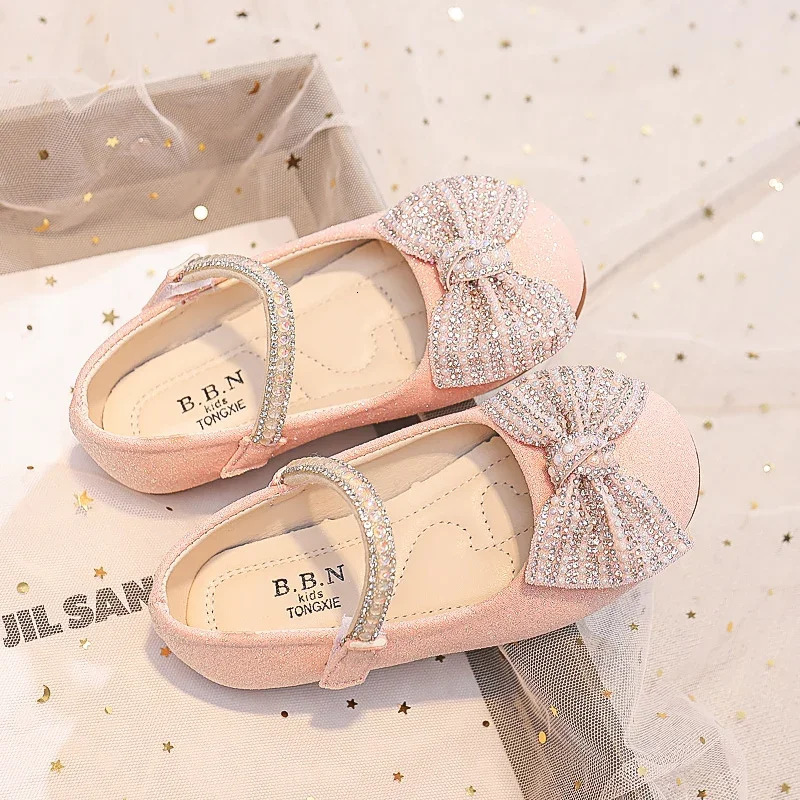 Children Mary Janes for Party Wedding Shows Girls Flats Shiny Rhinestones Bow Round-toe Kids Shoes Non-slip Moccasin Shoes 250517CJ