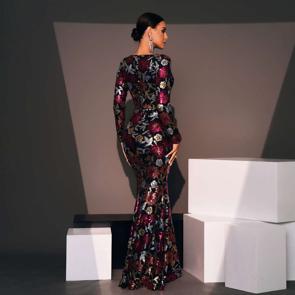 Maxi Dress Evening Gown Sleeved Temperament Round Neck Sexy Slim Fit Long Sequin Banquet Bridesmaid Dress For Women Long Dress