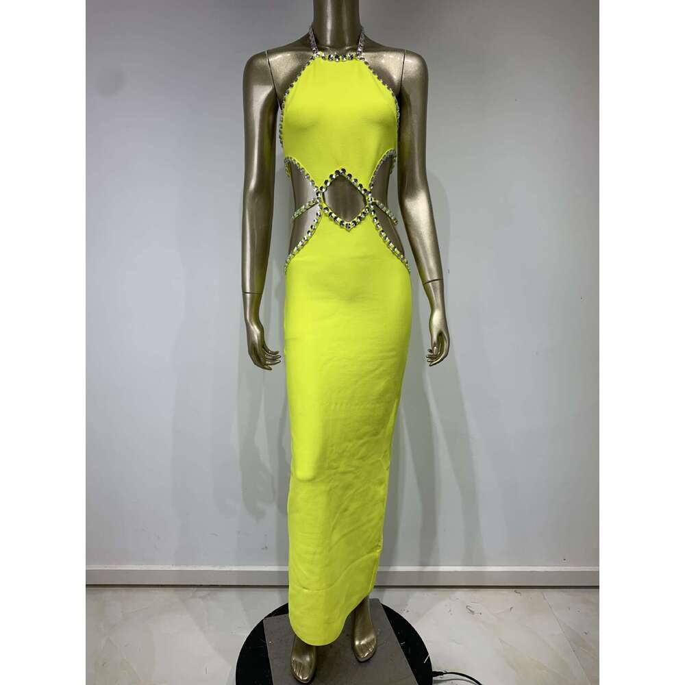 Maxi Dress New Lemon Yellow Bandage Fashionable High End Banquet Party Dress KQ