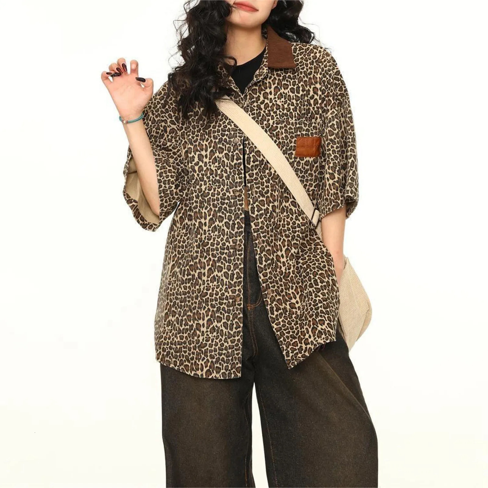 Leopard Print Shirts Senior Sense n Retro Embroidery Short Sleeve Oversize Elegant Shirt Breathable Comfty Cotton Blouse 250516Z
