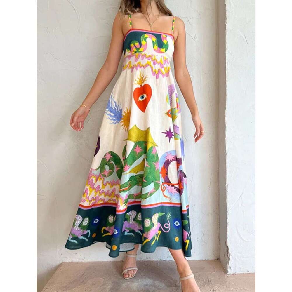 Maxi Dress Spring Women S New Style Elegant High Waist Printed Strap Casual Fashion Dress KQ