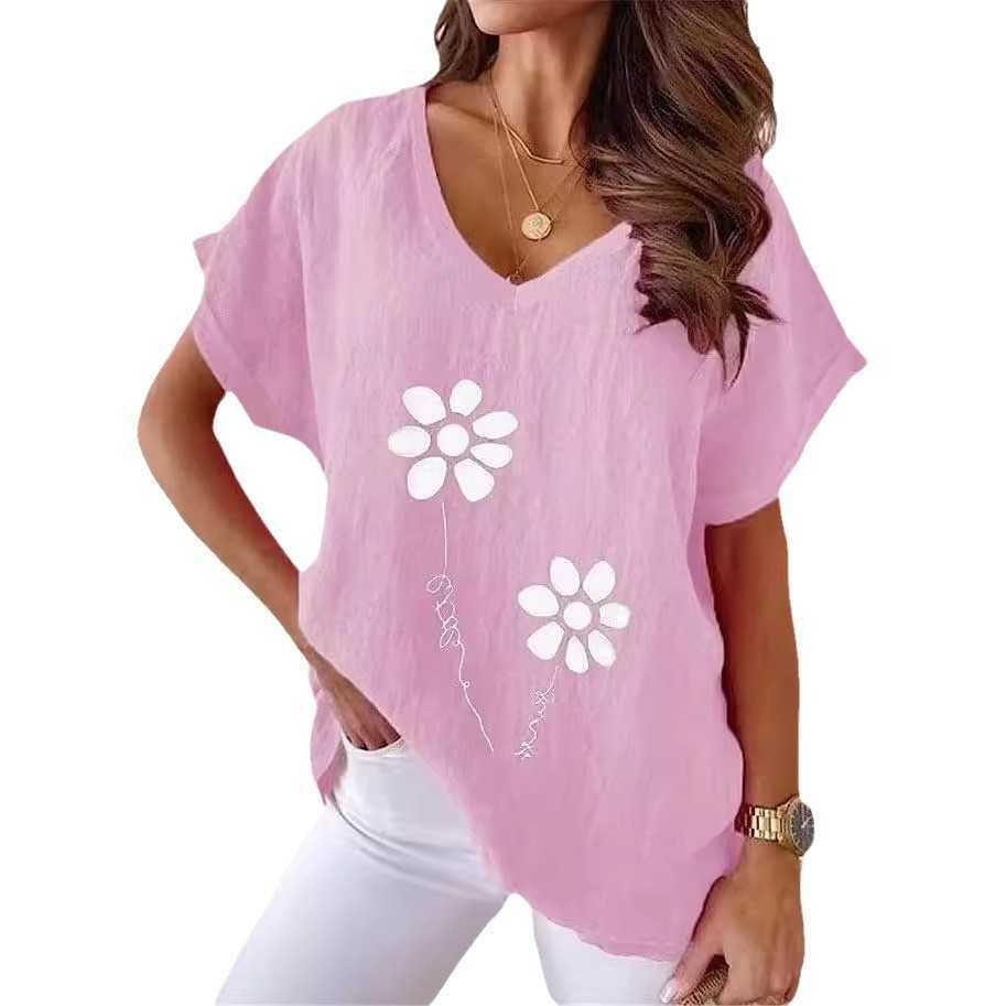 2023 Summer Plus Size Womens Printed V-neck Ice Silk Bamboo Knot Casual Bat Short Sleeved T-shirt
