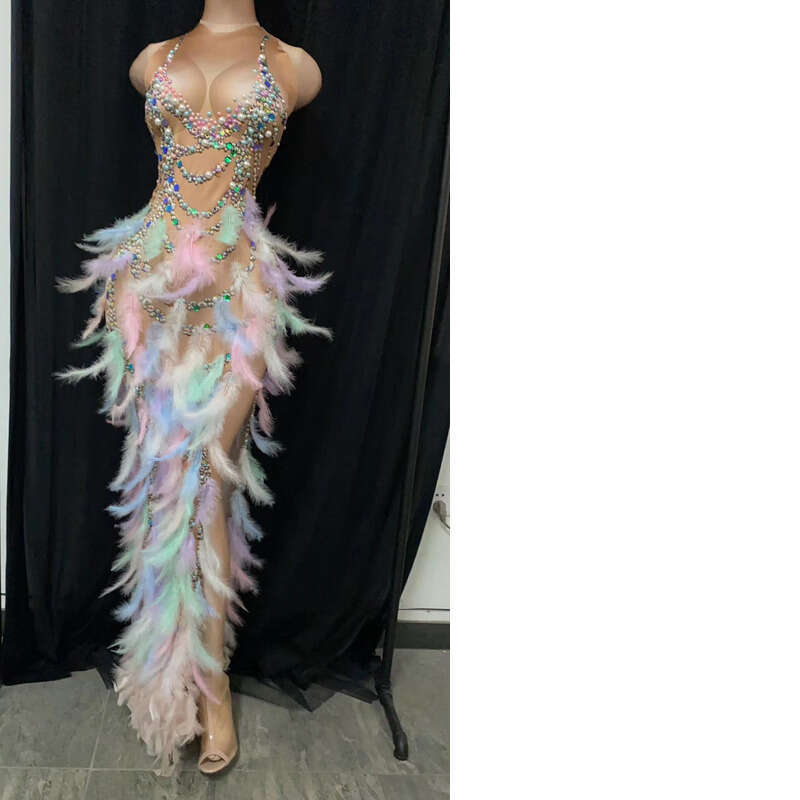 Sexy sleeveless round neck dress with rhinestone feather patchwork skirt, female singer performance outfit
