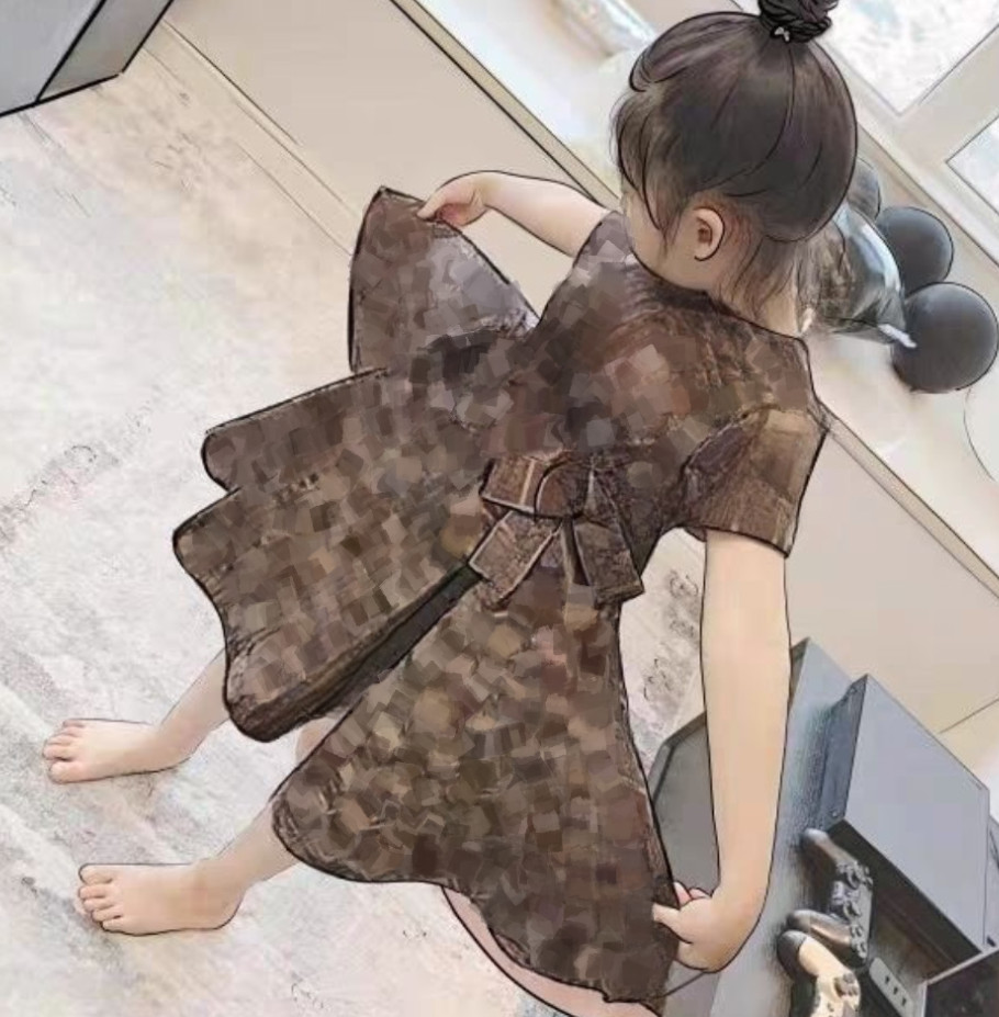 Designer kids letter printed dresses girls Bows short sleeve princess dress Fashion children clothes S3506