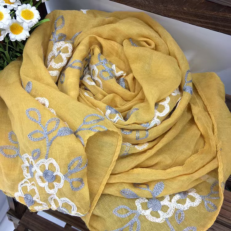 T744 Spring and Summer Women's Artistic National Style Shawl Cotton and Linen All-match Long Sunscreen Travel Scarf Dual-purpose Embroidered Line