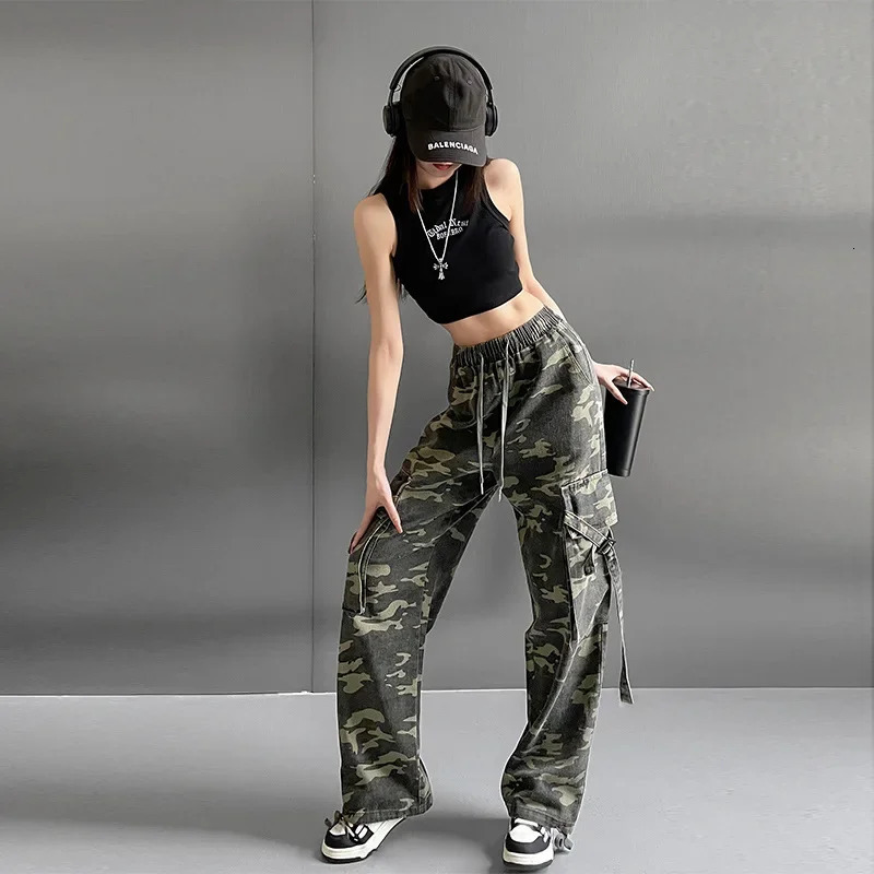 High Waist American Style Camouflage Work Pants Straight Leg n Sensation Casual Workwear Trousers for Shorties 250506