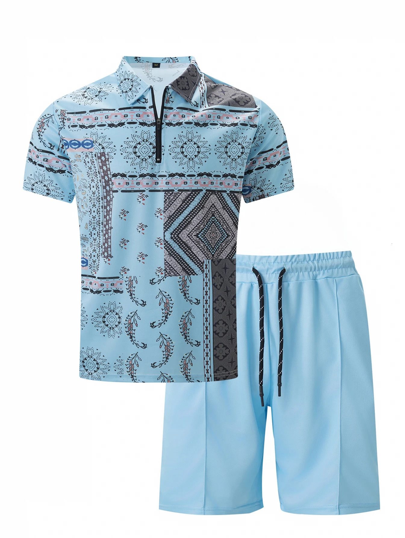 summer mens short sleeve zipper printed Polo shirt shorts Beach Hawaiian style two-piece suit 250517