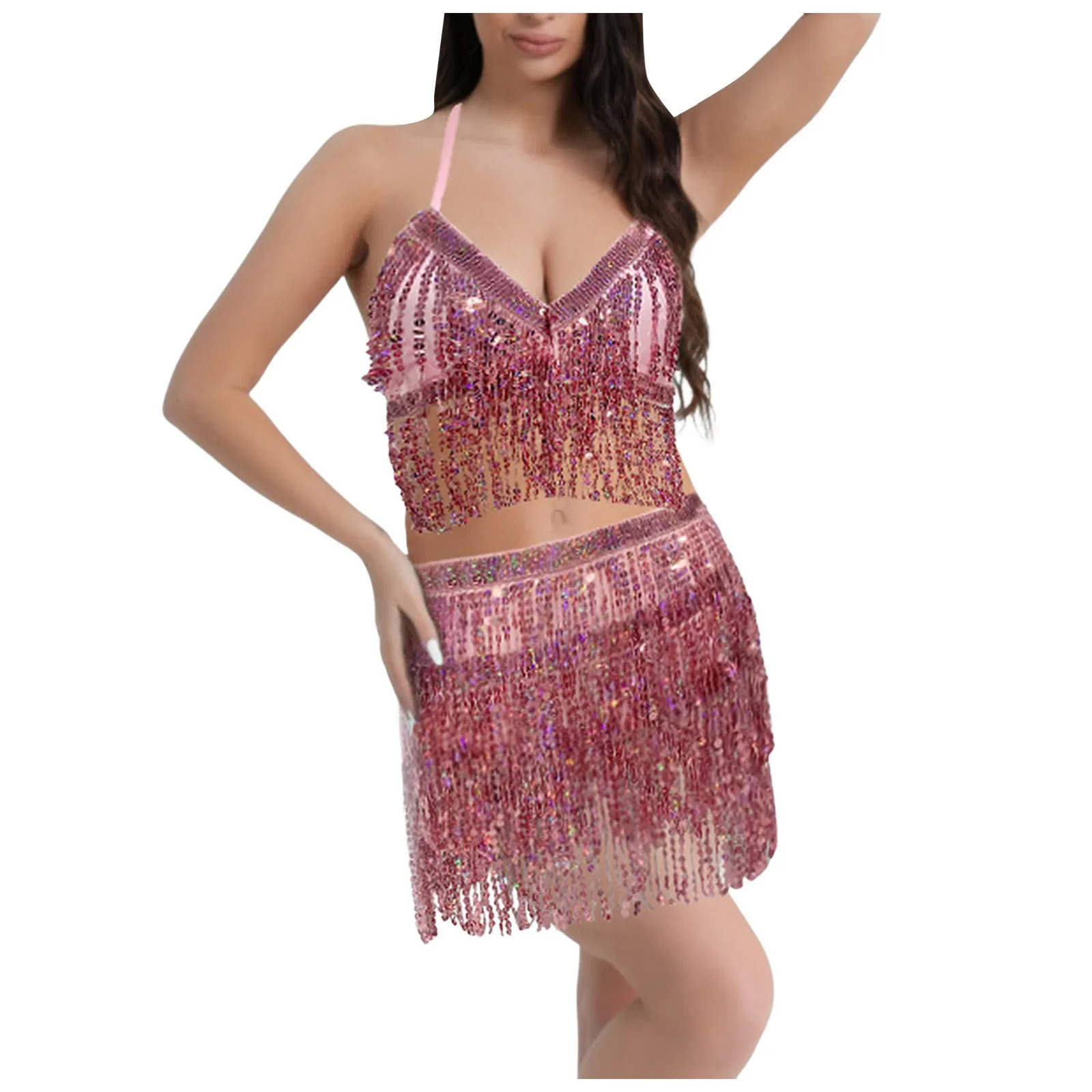Belly Dance Top Bra Skirt Set Latin Sequin Fringe Halter Hip Skirt Sexy Party Costume 4 Layer Tassel Stage Performance Clothes 250516