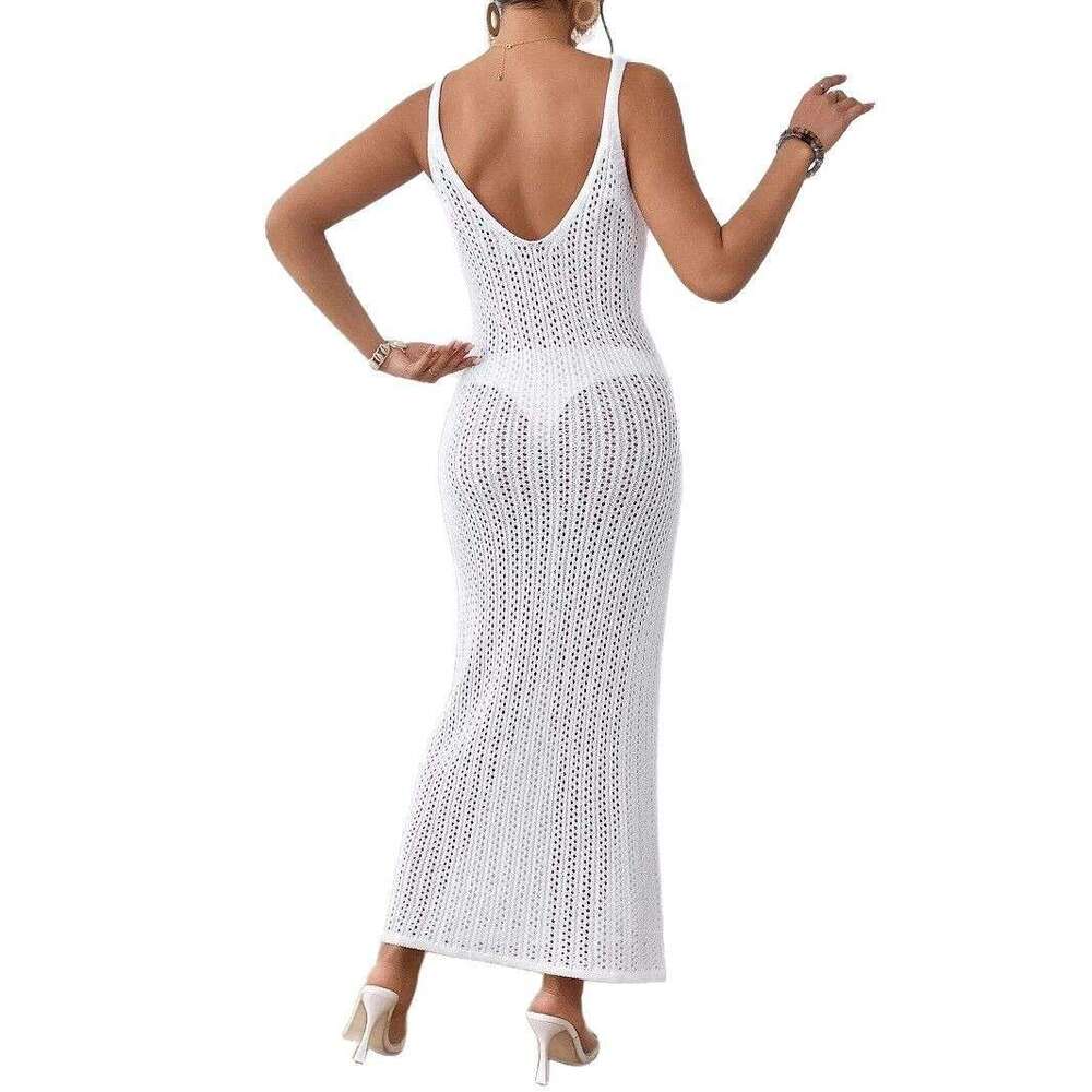 Maxi Dress New Hollow Texture V Neck Sleeveless Vacation Dress Beach Sun Protection Backless Long Dress KQ