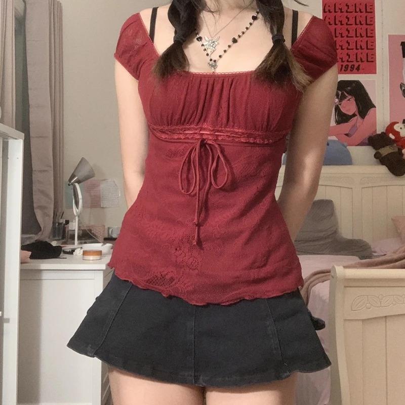 Elegant Lady Square Collar T-shirt Kawaii Bow Short Sleeve Pullovers Tees Y2K Vintage Fairy Grunge Women Crop Top Retro Clothes 250517