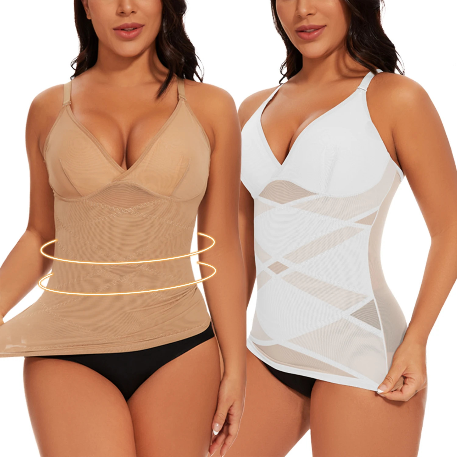 Womens Mesh Body Shaper Tummy Control Shapewear Tank Tops Compression Cami Summer Tops Deep V-neck Camisoles Slimming S-3XL 250517