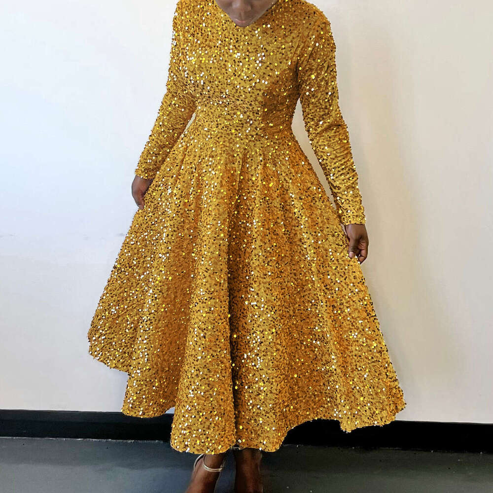 Maxi Dress D New Women S Round Neck Long Sleeve Solid Color Sequin High Waist Temperament Mid Length Dress KQ