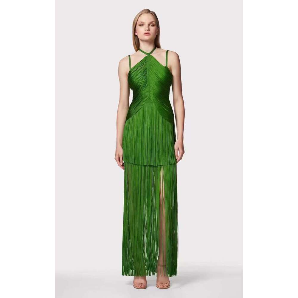 Maxi Dress Fashionable Design Green Tassel Sleeveless Waist Cinched Camisole Dress For Socialite Parties And Stage Performances KQ