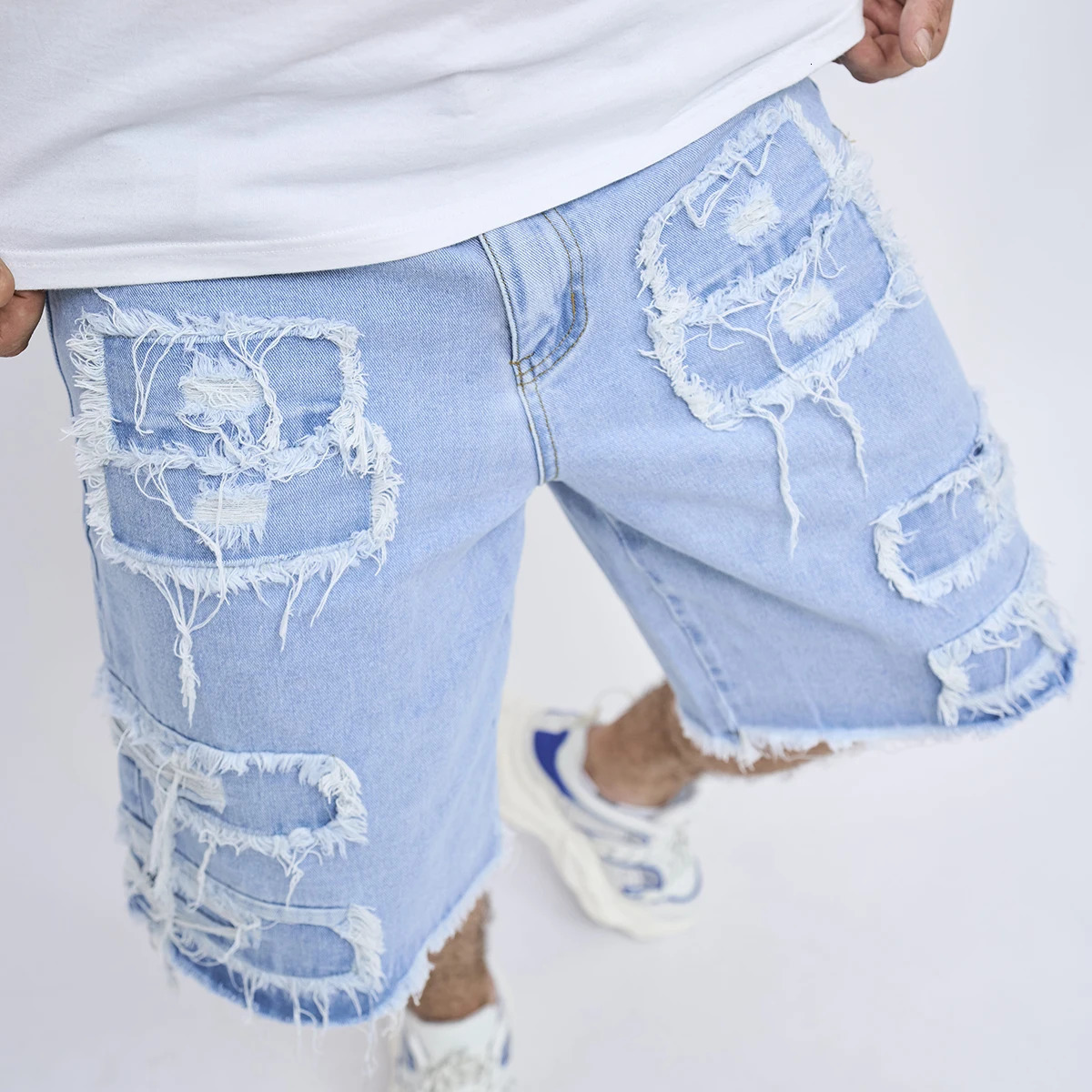 Summer Mens High Street Ripped Patch Denim Shorts Stylish Solid Casual Male Straight Jeans Shorts 250517