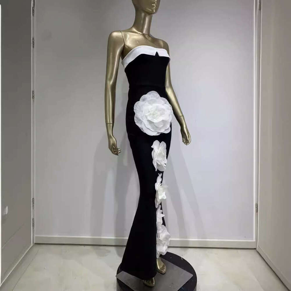 Maxi Dress New Bandage Strapless Black And White Patchwork Big Flower Long Party Skirt KQ