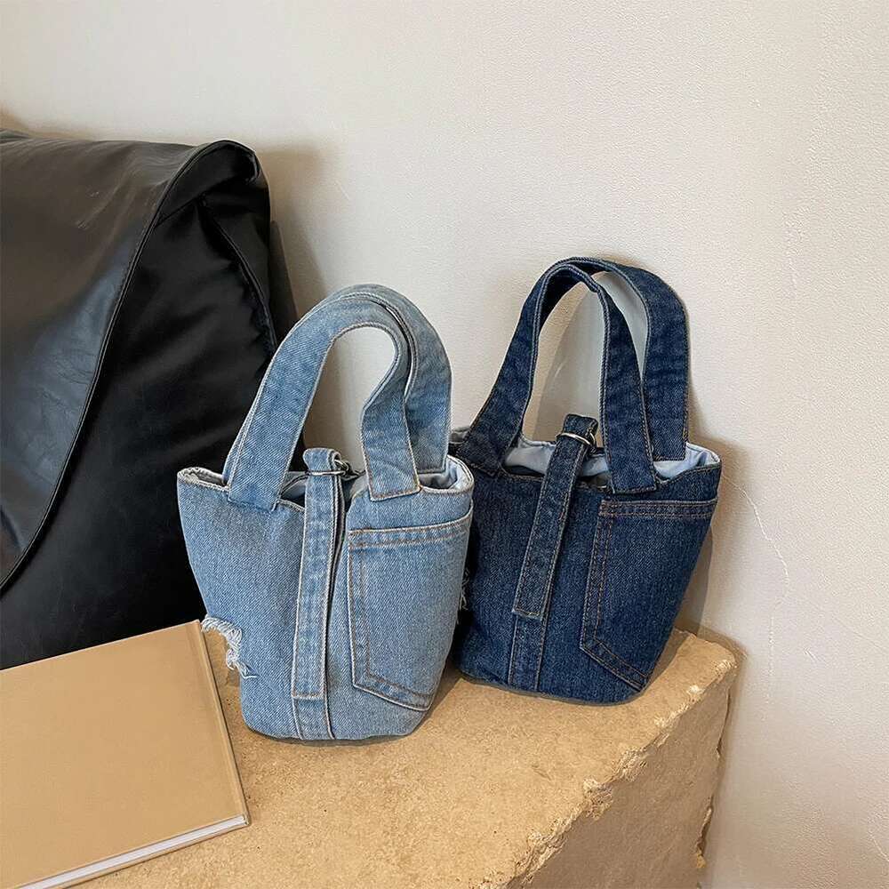 Street Fashion Denim Tote Solid Color Handle Handbag Casual Shoulder Bag Date Party Shopping for Women