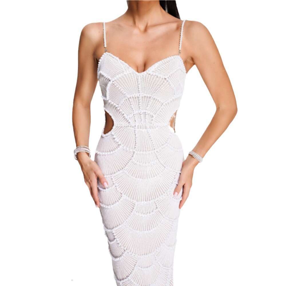 Maxi Dress New White Pearl Sequin With Fashionable Cut Out Party Dress KQ