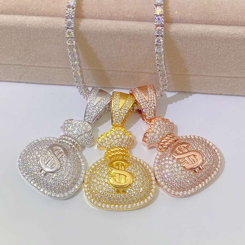 Hip Hop Dollar Money Bag Unisex Full Moissanite Dia Pendants Original Sterling Sier Jewelry Match Necklace