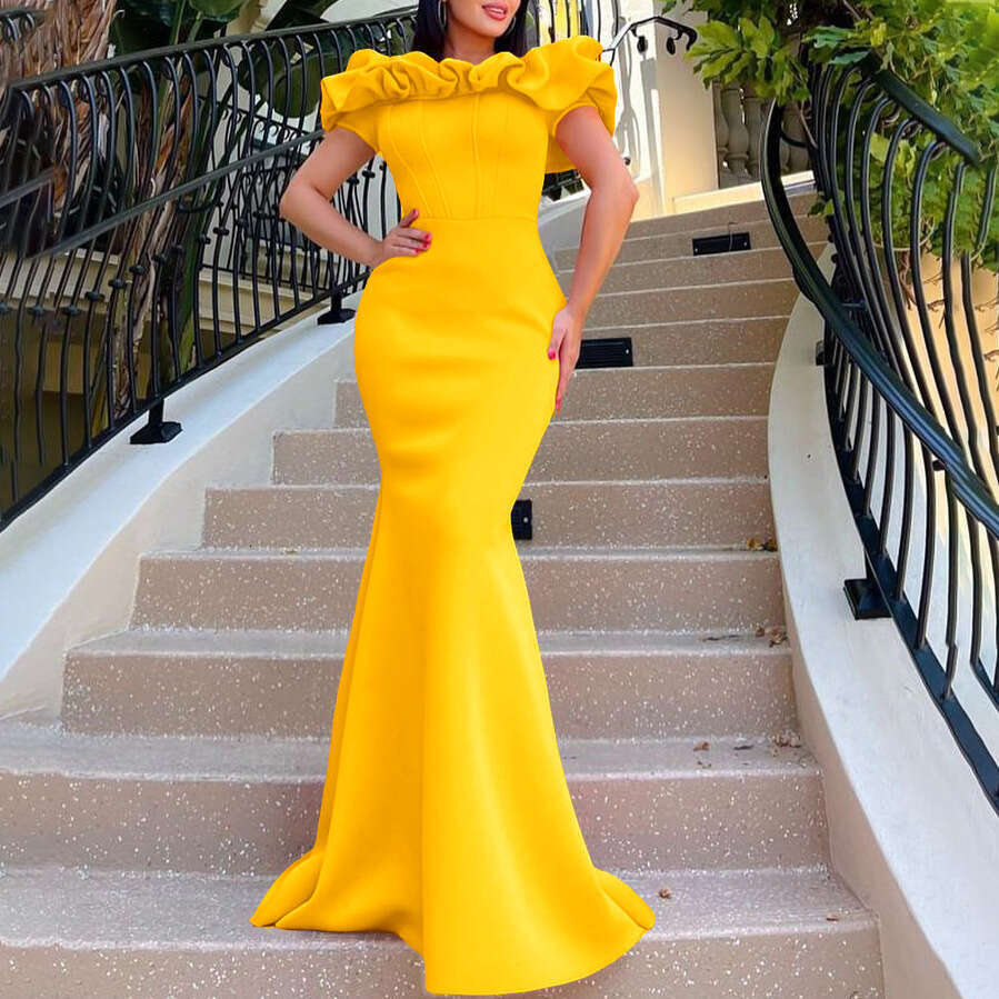 Maxi Dress C Fashion Women S Summer Solid One Line Neck Fishtail Long Evening Dress KQ