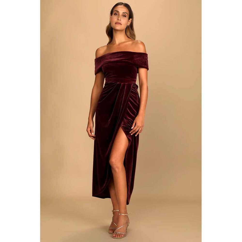 Maxi Dress Velvet New Ins Style Elegant One Shoulder Split Dress Formai Dress