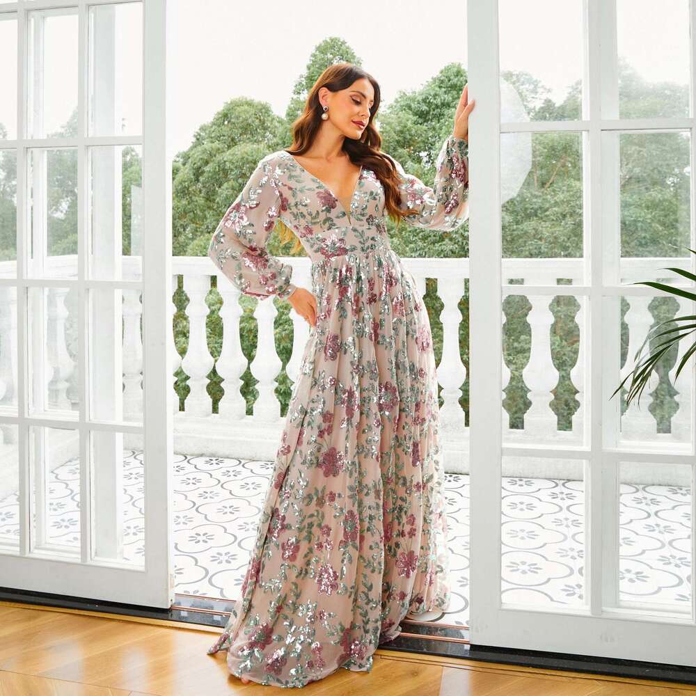 Maxi Dress High End Temperament Sleeved V Neck Long Sequin Banquet Grand Display Evening Bridesmaid Women S Dress KQ