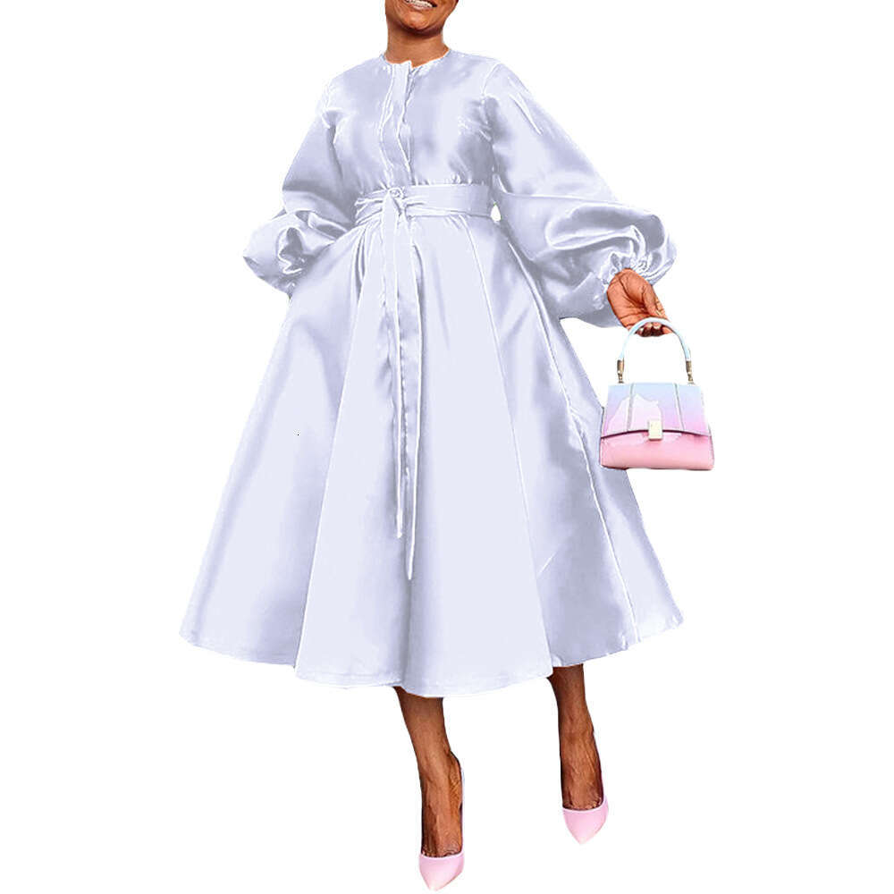 Maxi Dress BN Women S Autumn Winter New Solid Color Bright Face Loose Button Lantern Sleeve Dress KQ