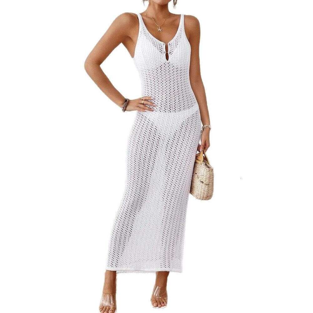 Maxi Dress New Hollow Texture V Neck Sleeveless Vacation Dress Beach Sun Protection Backless Long Dress KQ