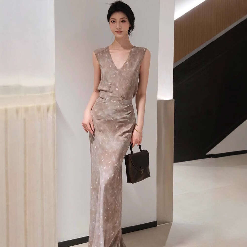 Maxi Dress Siyuan Light V Neck Wrapped Waist Silk Printed For Women S Summer Luxury Sleeveless Tea Break Long Dress Formai Dress