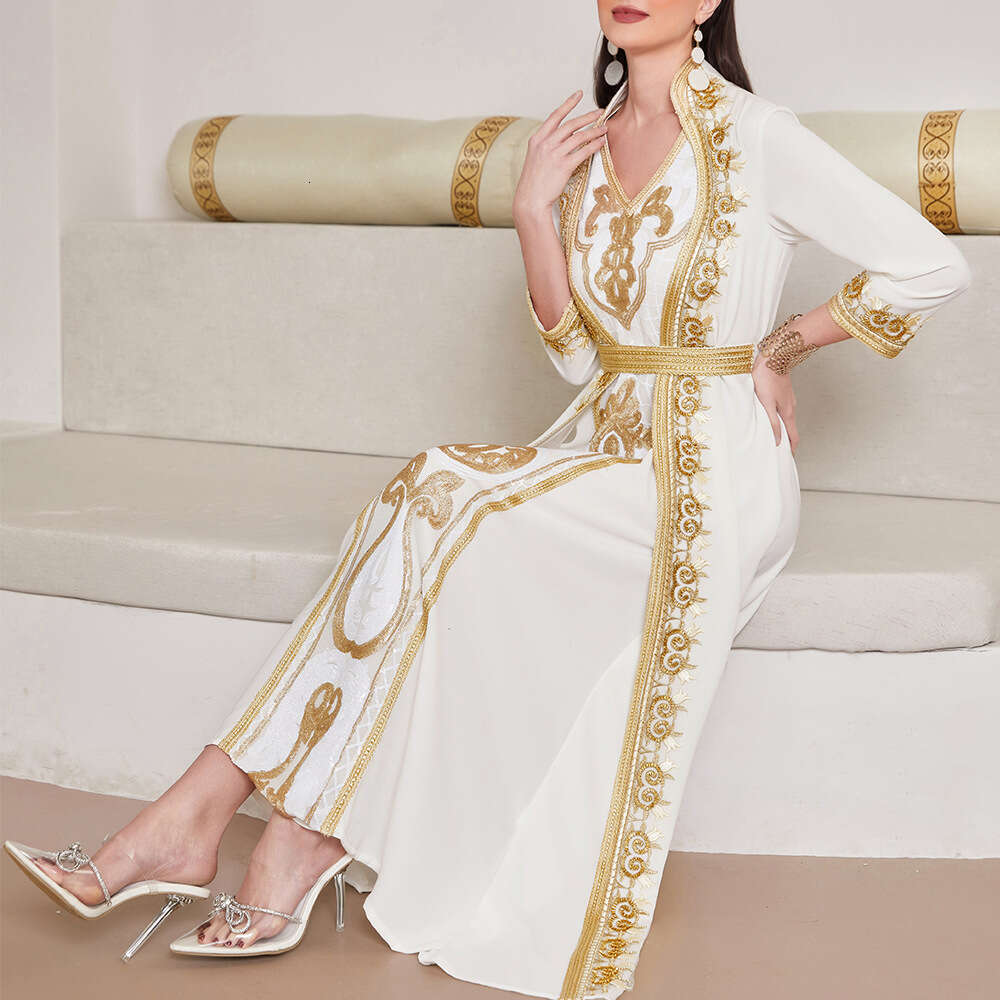 Maxi Dress BA New Fake Two Piece Gold Lace Sequin Bead Embroidered Arabian Long Dress Formai Dress